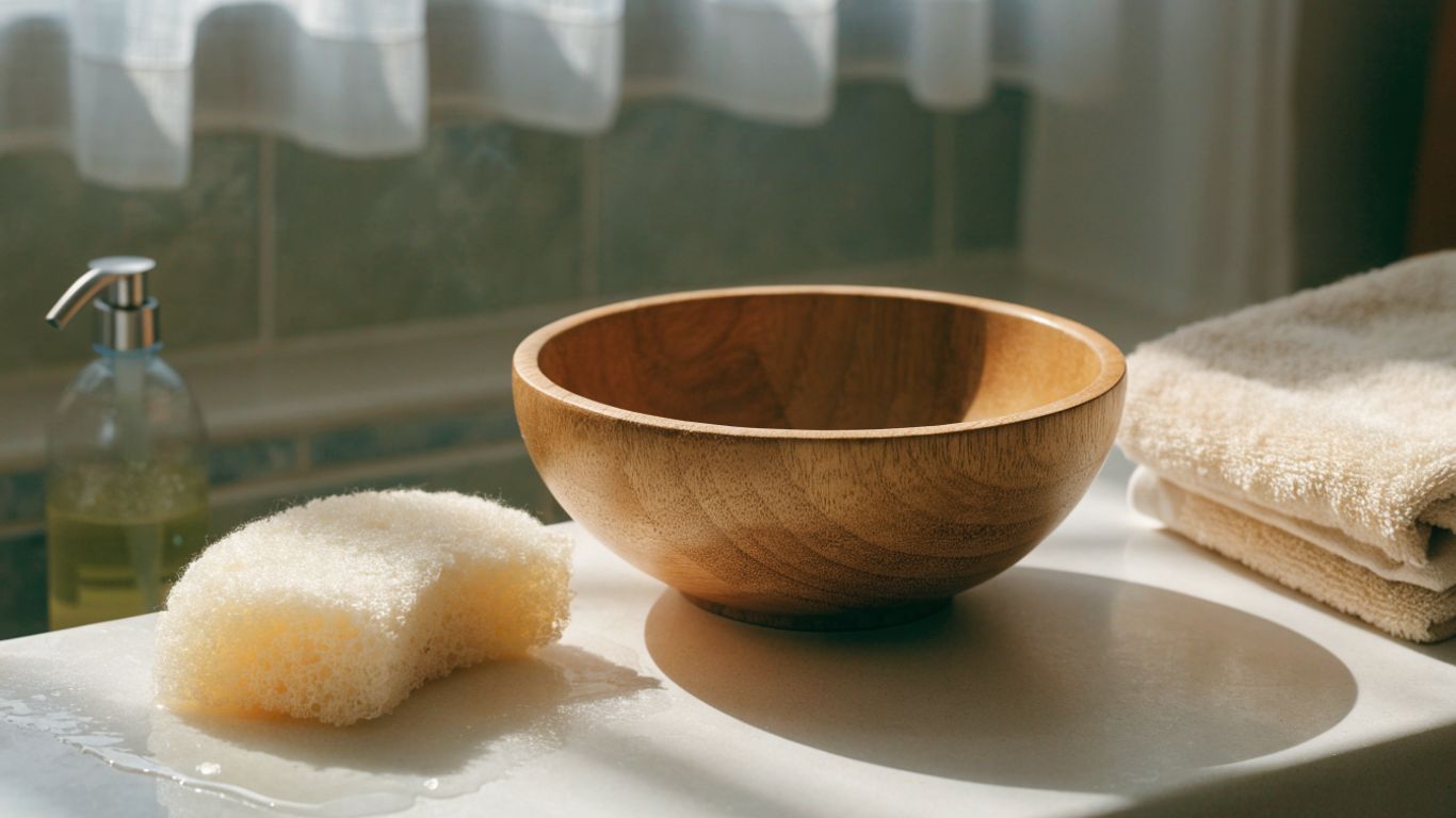 Wooden salad bowl beside a soft sponge and towel