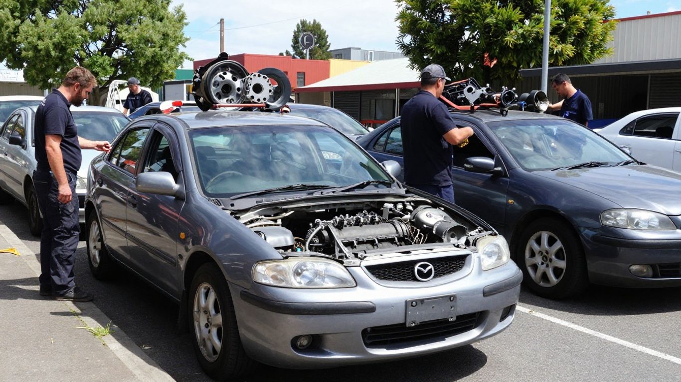 Mazda salvage yard with engines, gearboxes, and cars.
