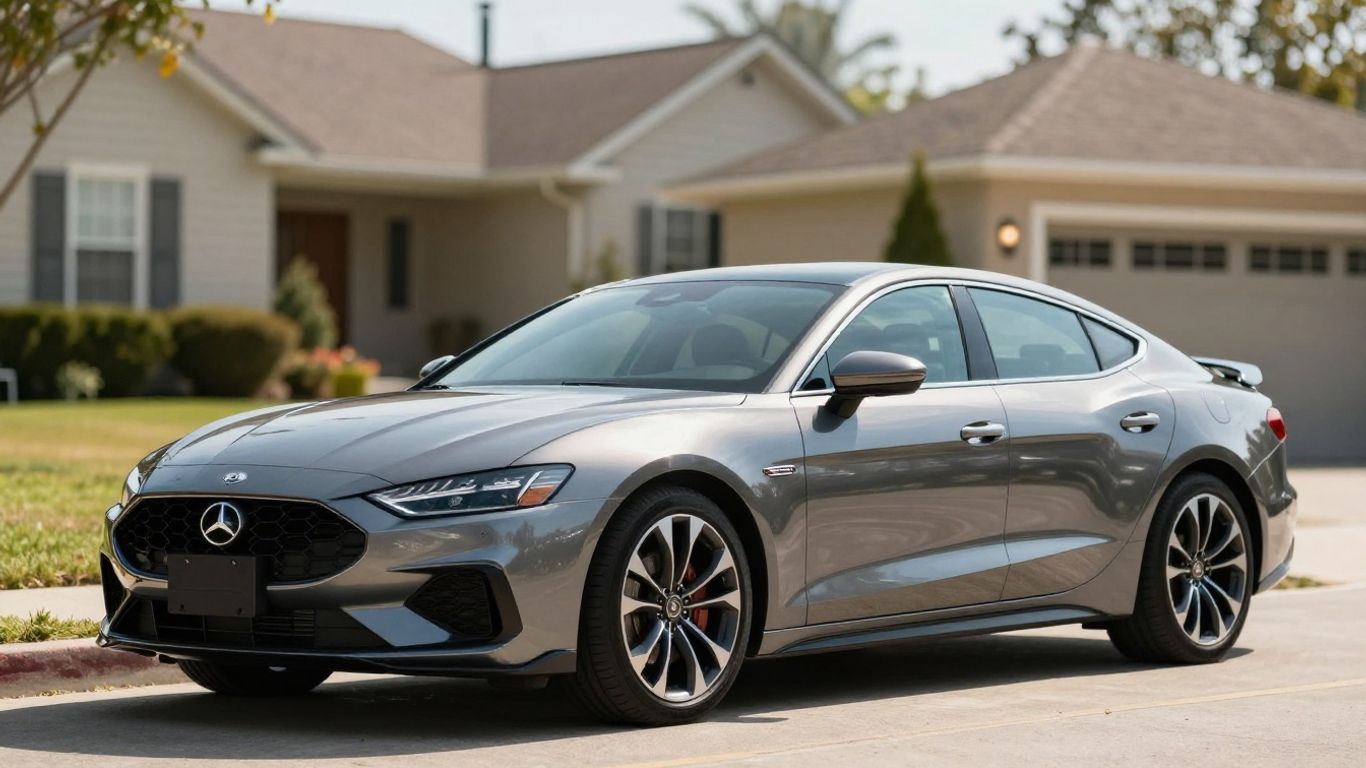 Car in driveway with house in background.