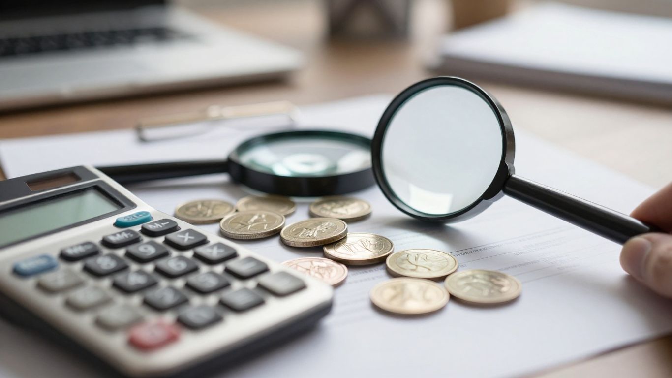 Calculateur, pièces et loupe sur un document