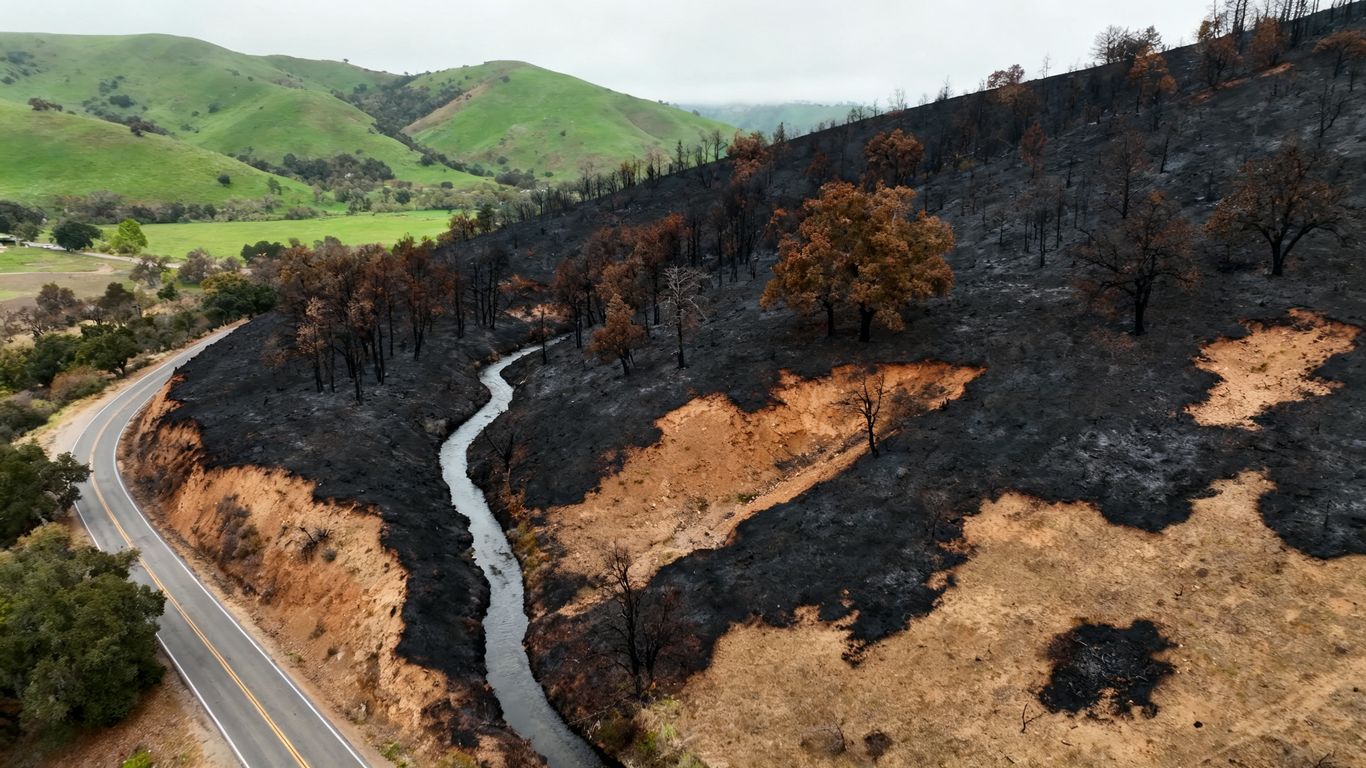 Burned slope above a rural California road