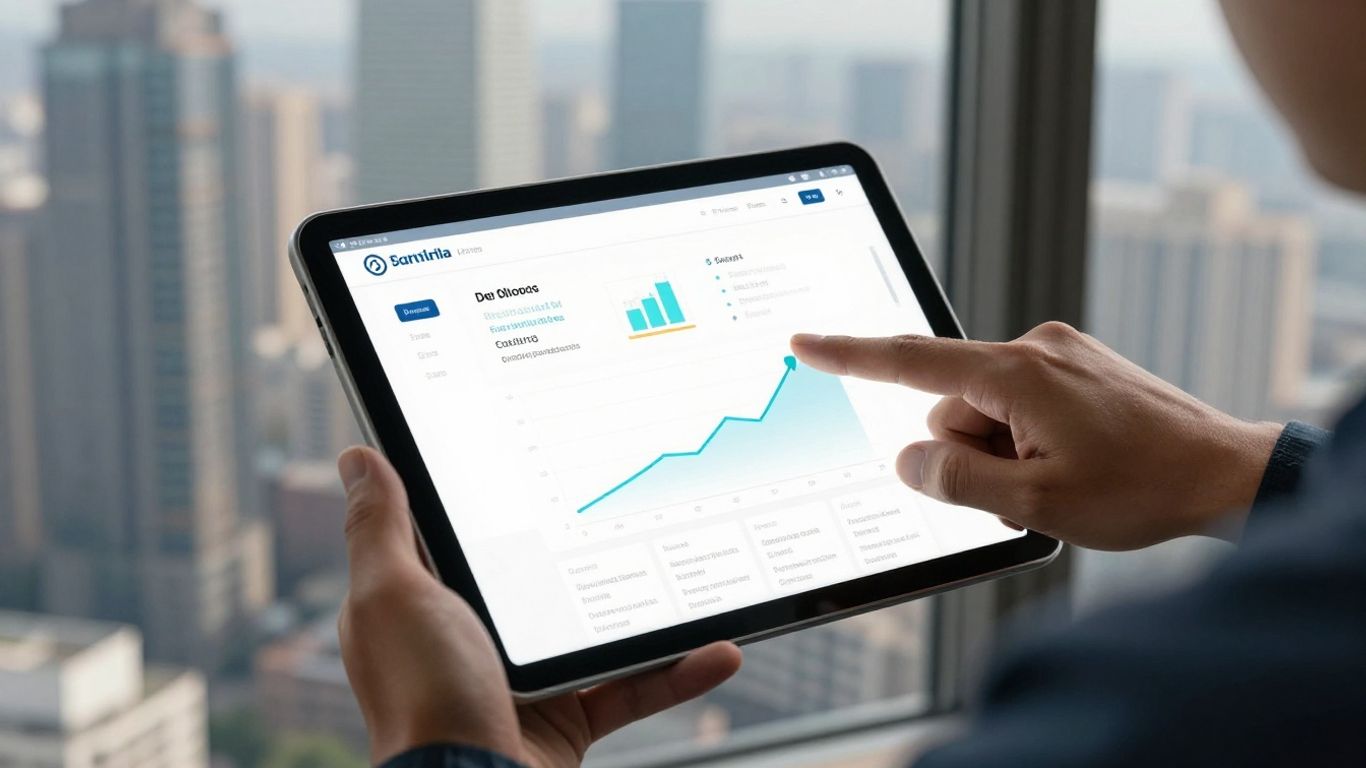 Contractor pointing at a successful website on a tablet.