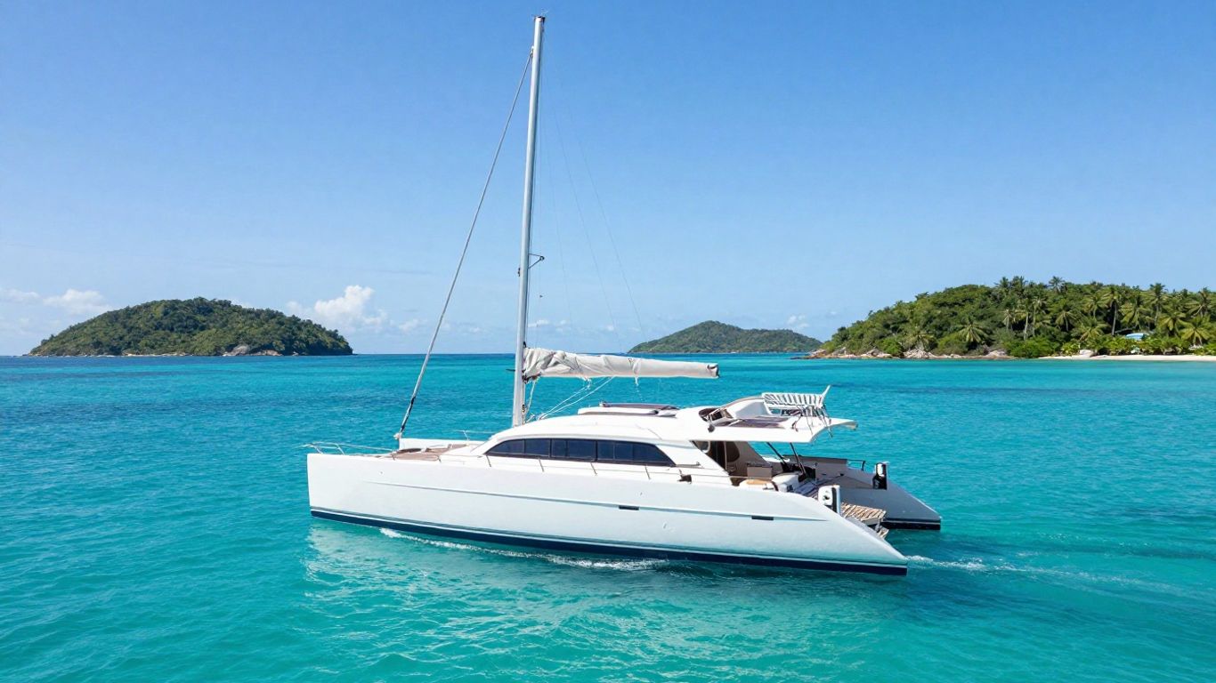 Catamaran sailing on clear blue ocean water.