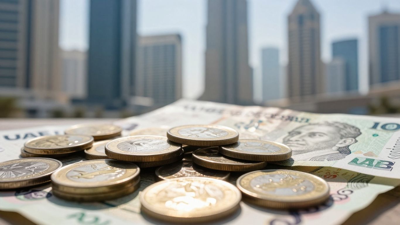 UAE currency and Dubai skyline