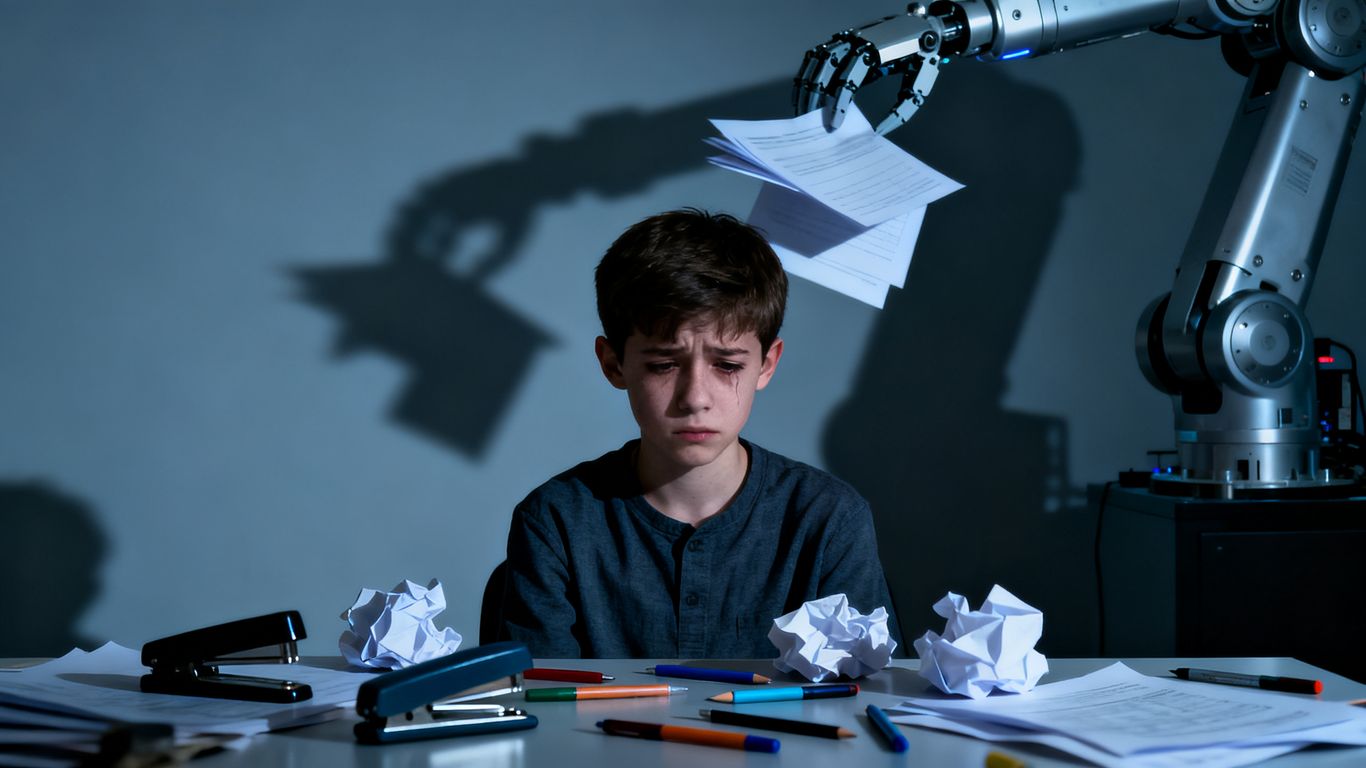Young person looking sad, AI robot working efficiently.