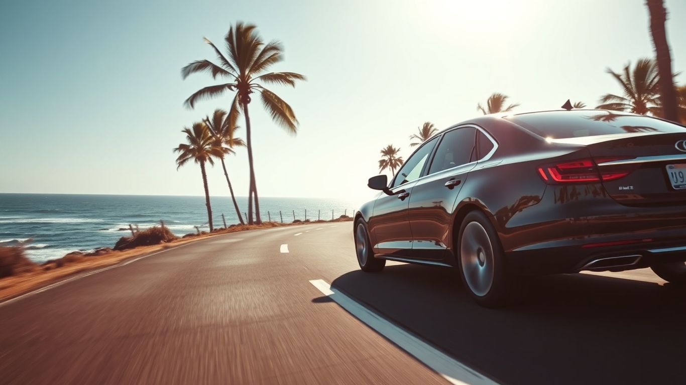 Luxury car driving on a scenic coastal road.