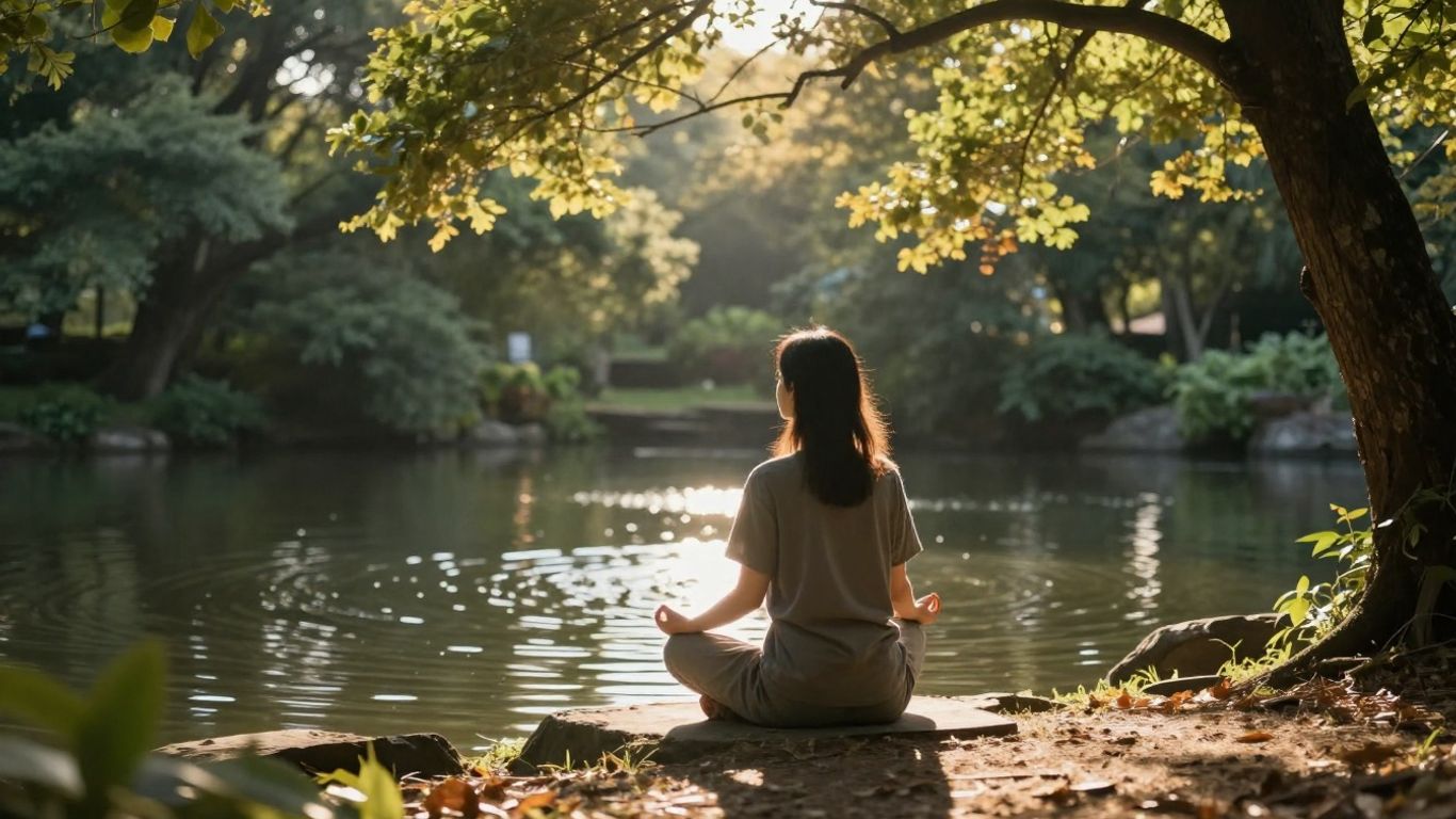 Femeie meditând în natură, cu soare și apă.