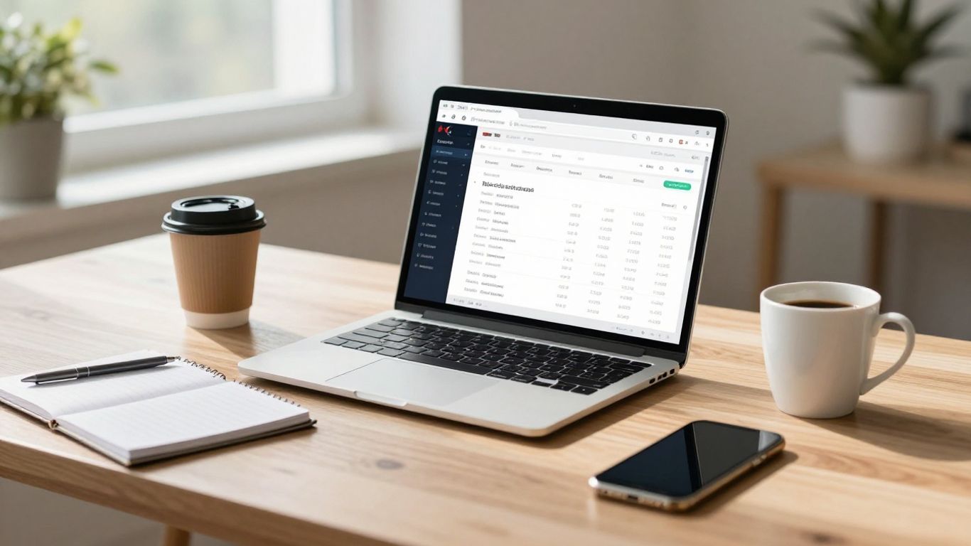Laptop with stock trading app on a modern desk
