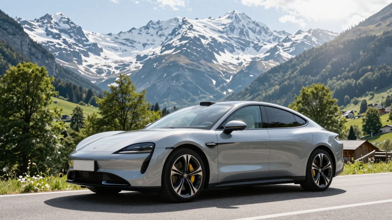 Hybridauto auf Schweizer Bergstraße mit Schneebergen