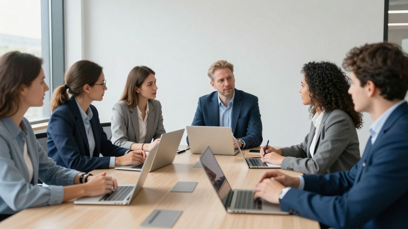 Menschen im Büro diskutieren über Compliance.
