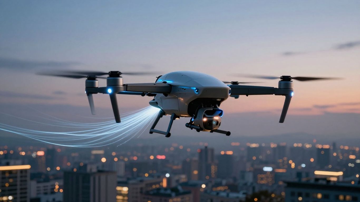 Drone with fiber optic cable connecting to city.