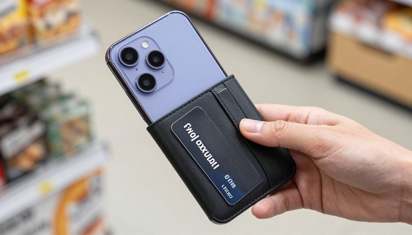 Someone holding a Galaxy S23 Ultra in a wallet case, taking out a credit card at a local Australian market stall.