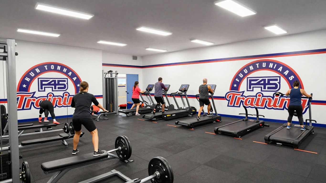 F45 Training gym interior with fitness equipment.