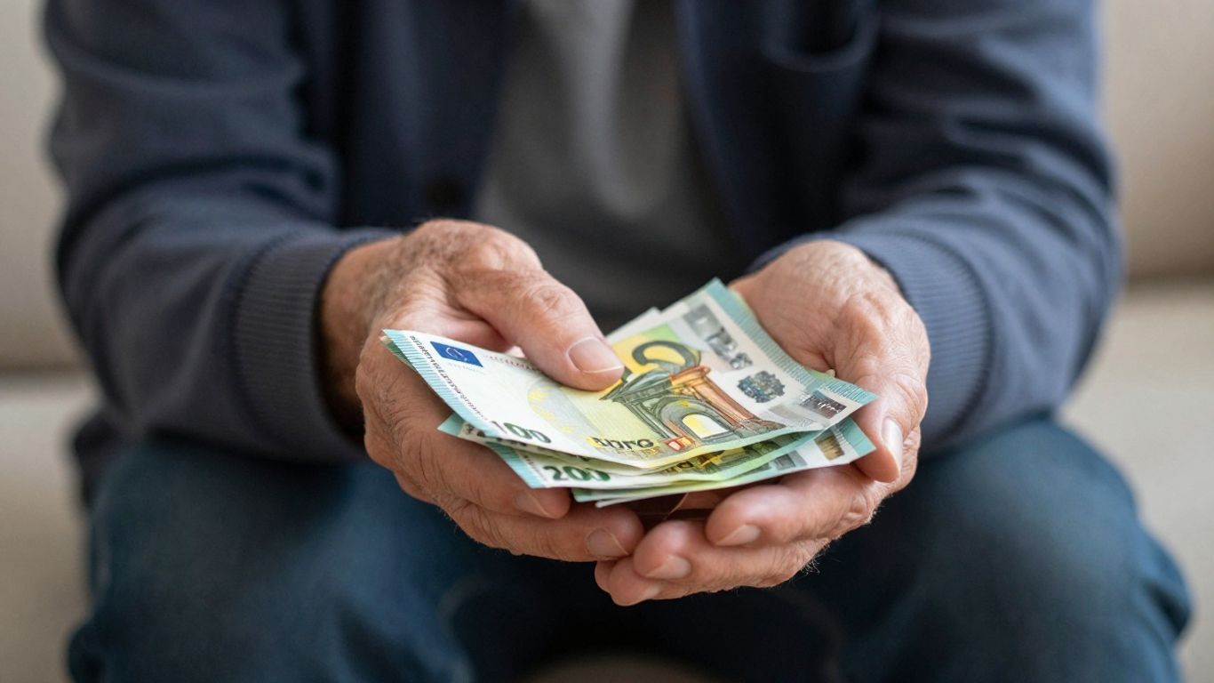 Retraité inquiet regardant des billets d'euros.