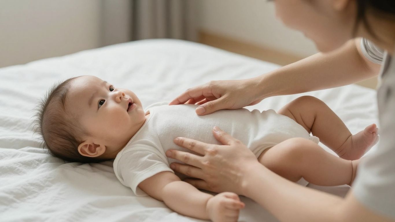 Madre masajeando las piernas de su bebé con ternura.