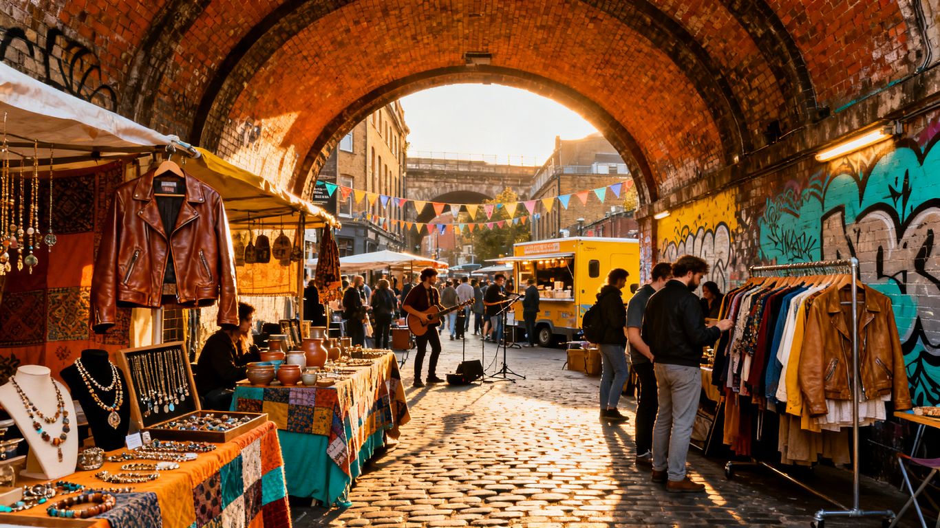 Camden Stables Market with colorful stalls and shoppers.
