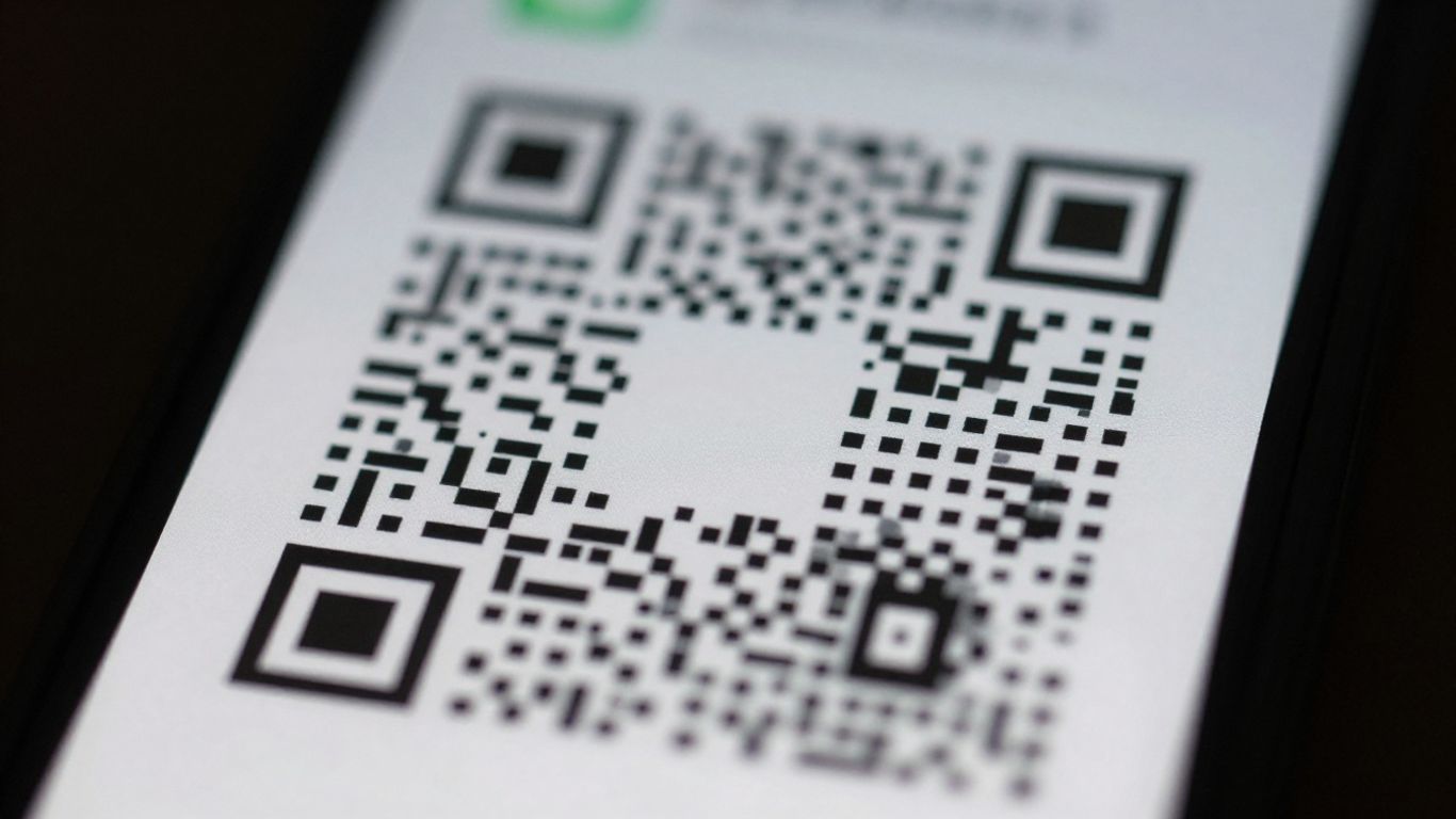 Smartphone scanning a QR code with a shadowy overlay.