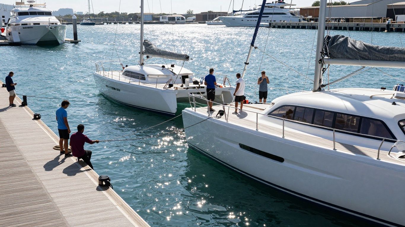 Catamaran docking safely in a marina with crew preparing lines.