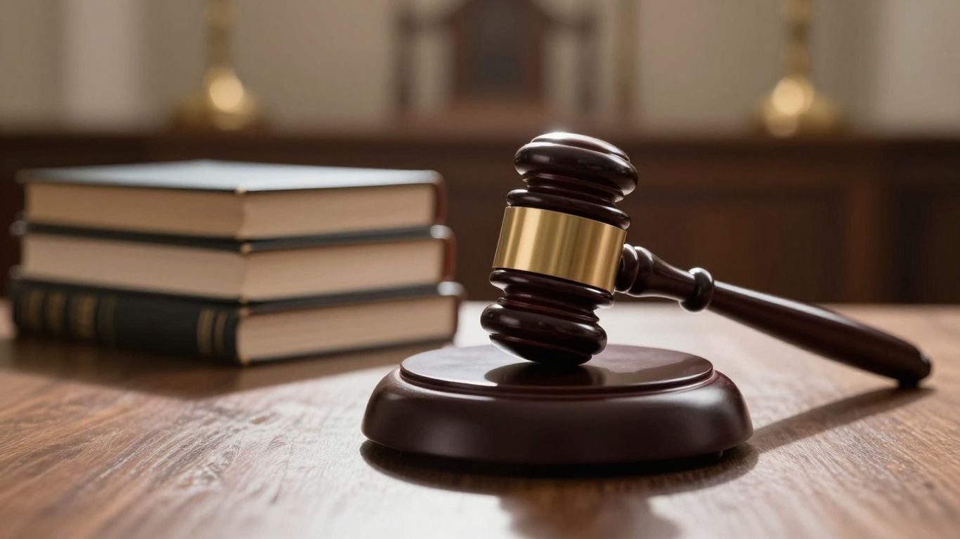 Gavel on legal books in a courtroom.
