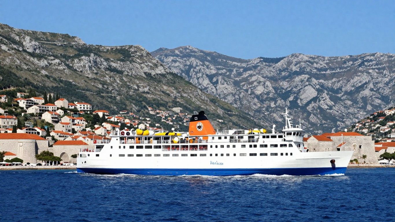 Ferry sailing from Dubrovnik towards Montenegro mountains.
