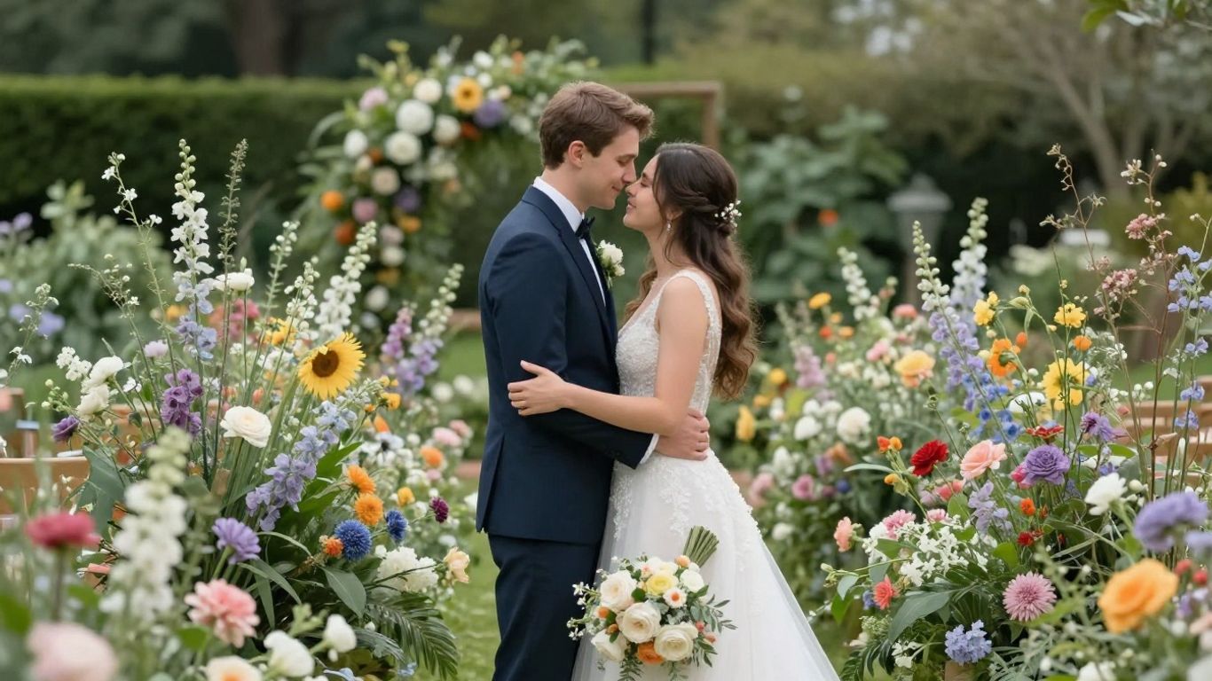 Couple in a garden wedding.