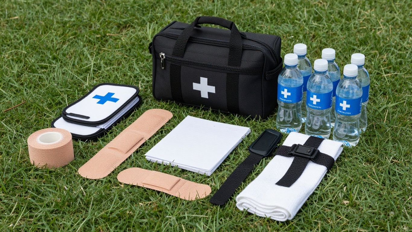 Sports trainer kit with bandages, tape, and water bottles.