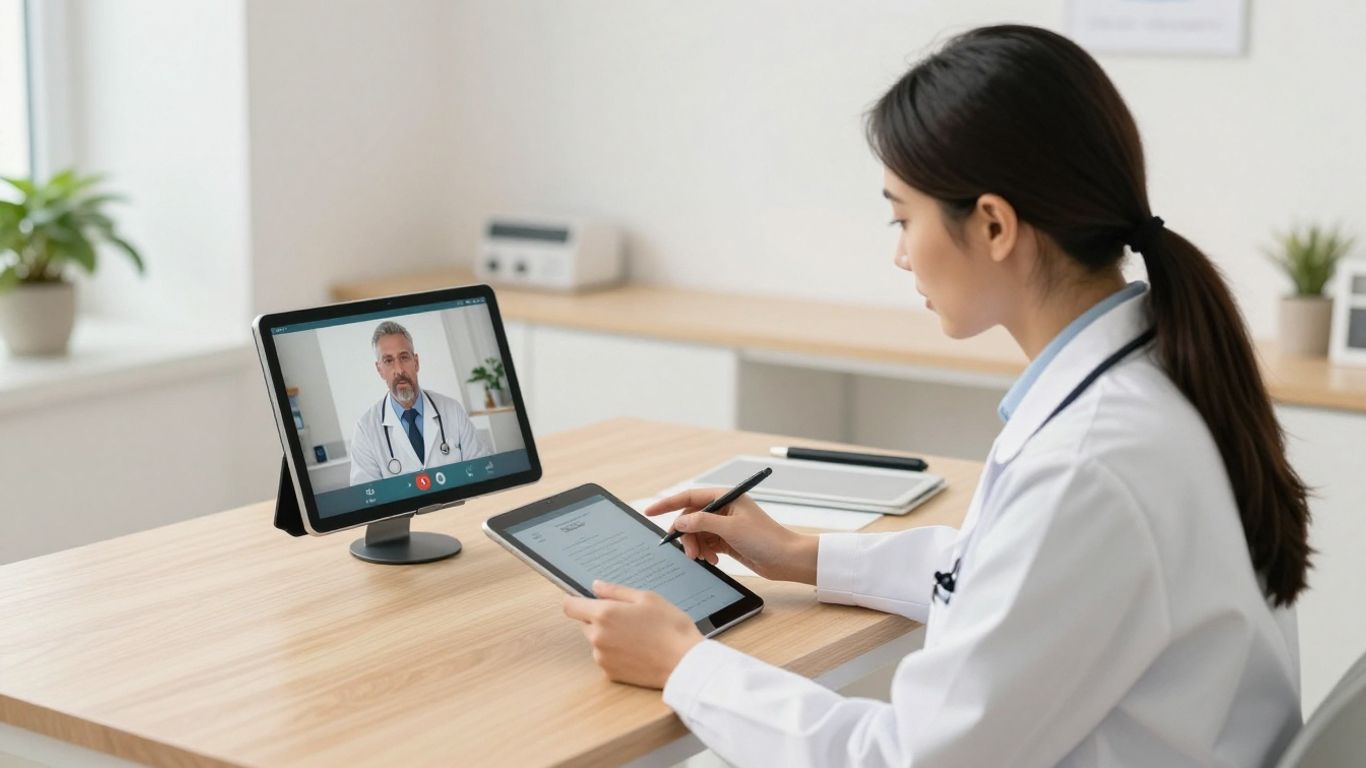Doctor reviewing digital patient information with care
