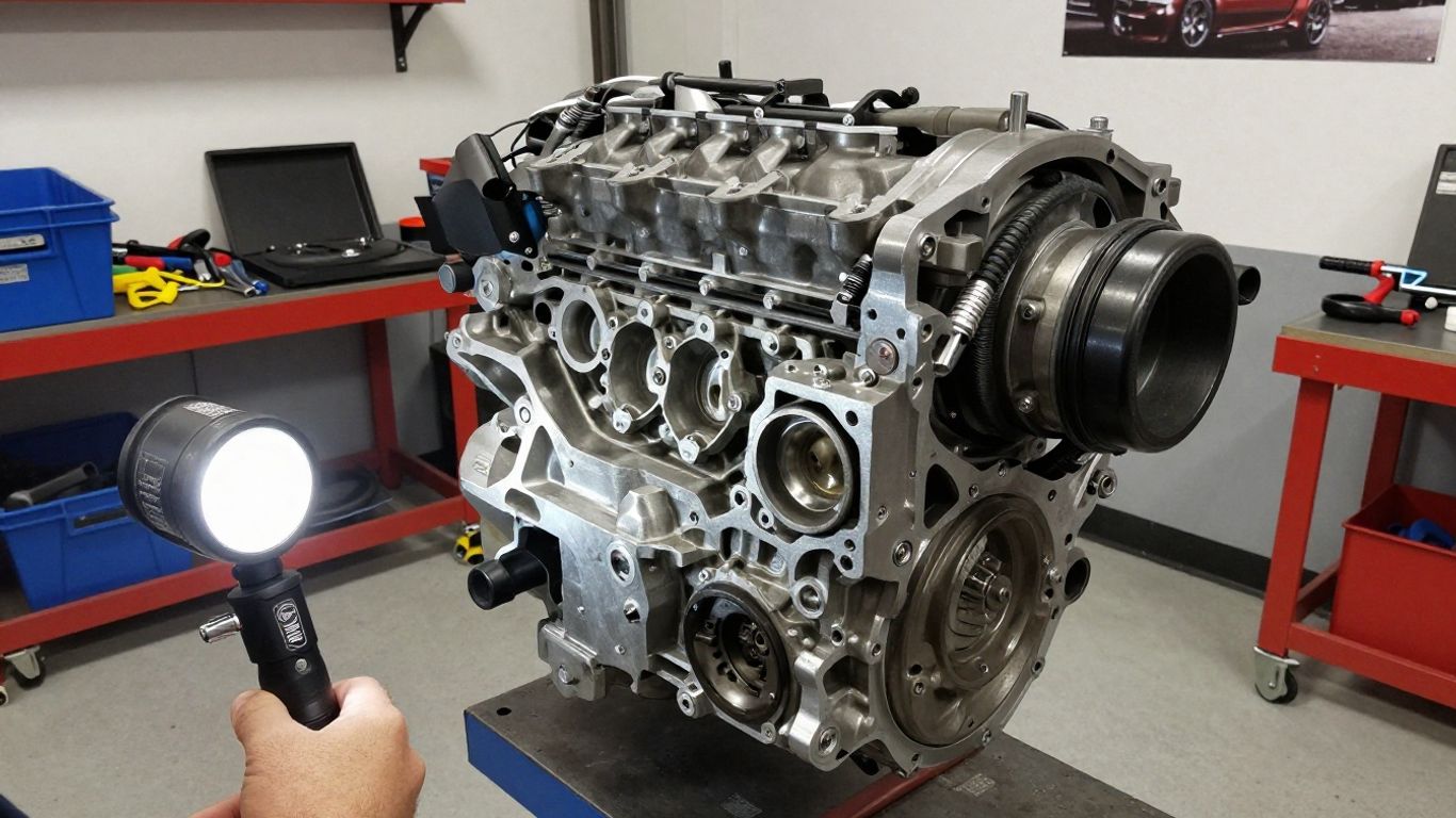 Mechanic inspecting a Subaru replacement engine