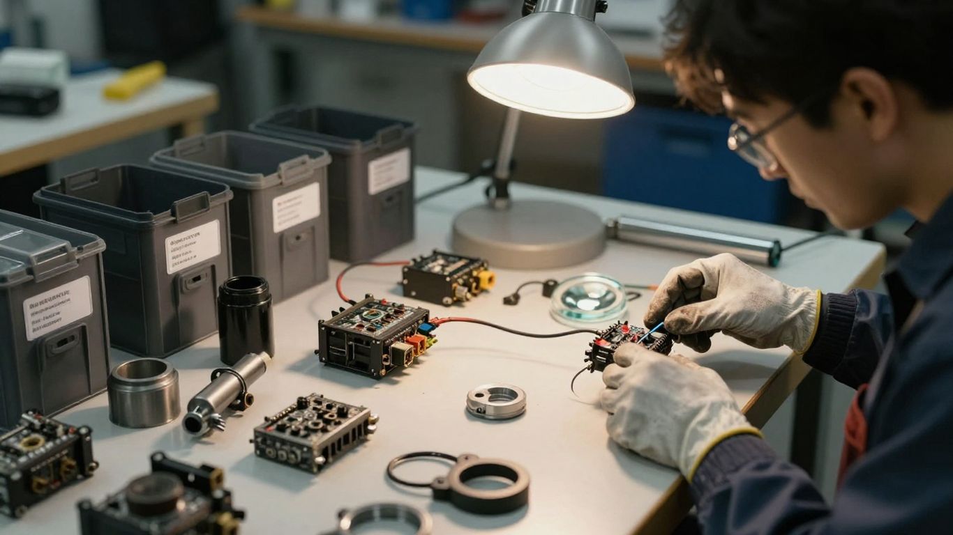 Used automotive components arranged for inspection