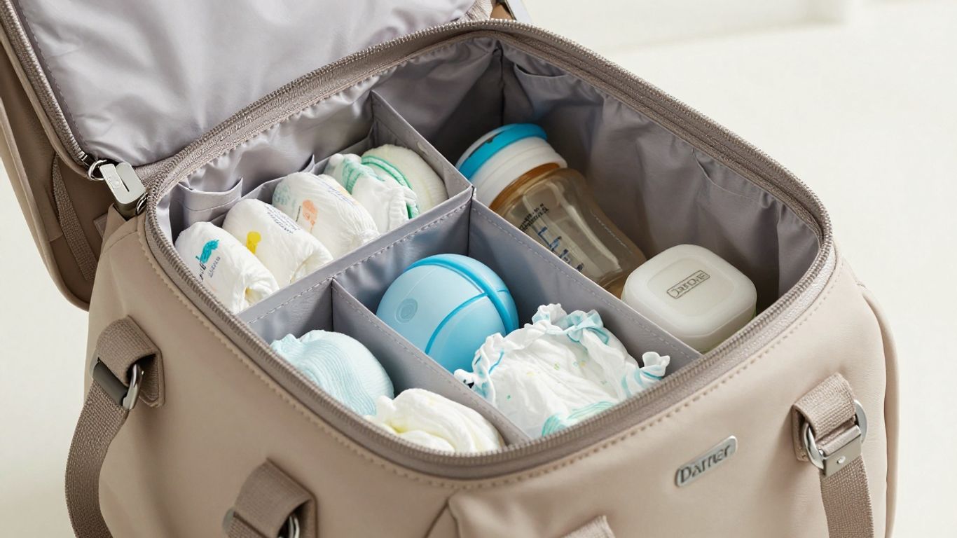 Dagne Dover diaper bag with organized interior and baby essentials.