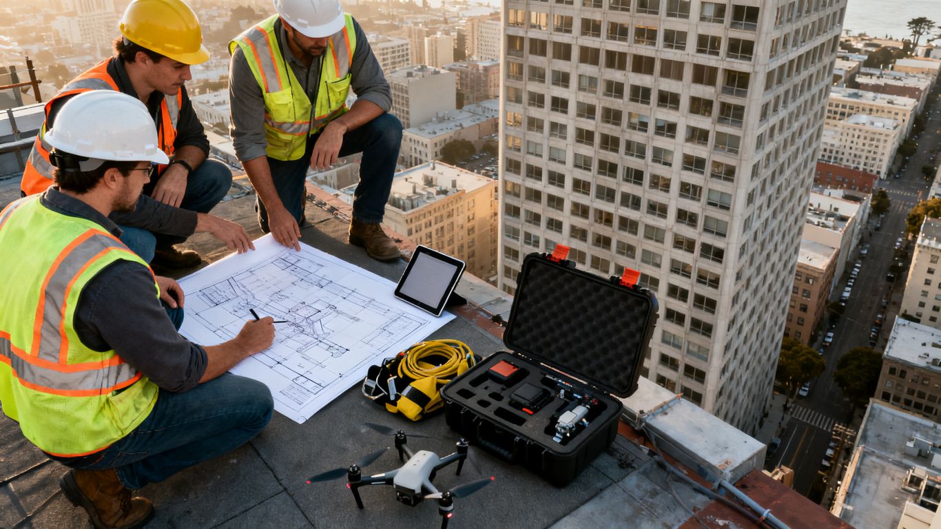 Inspection team planning urban facade flight