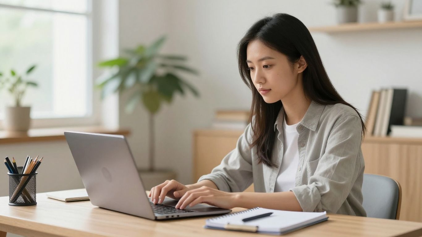 Person working at a clean home office desk.