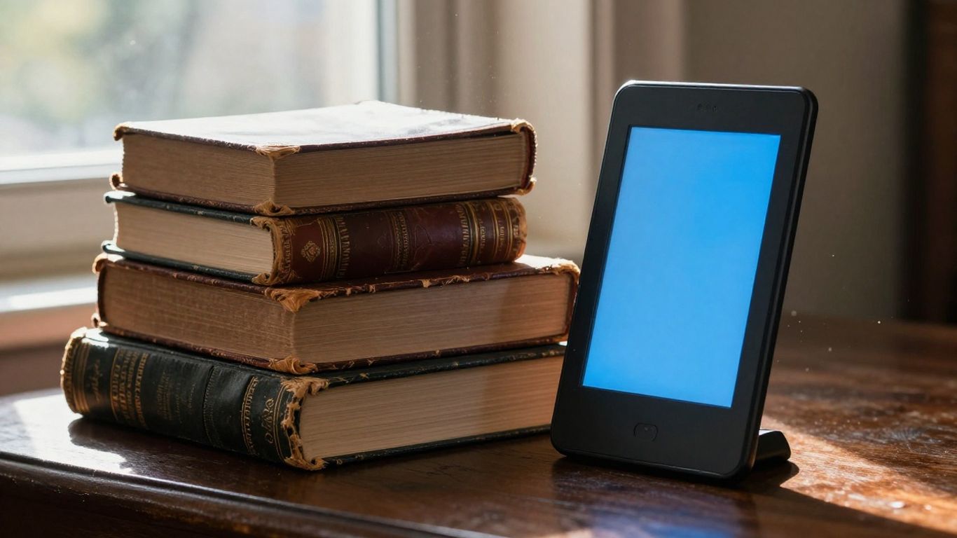 Stack of old books and modern e-reader
