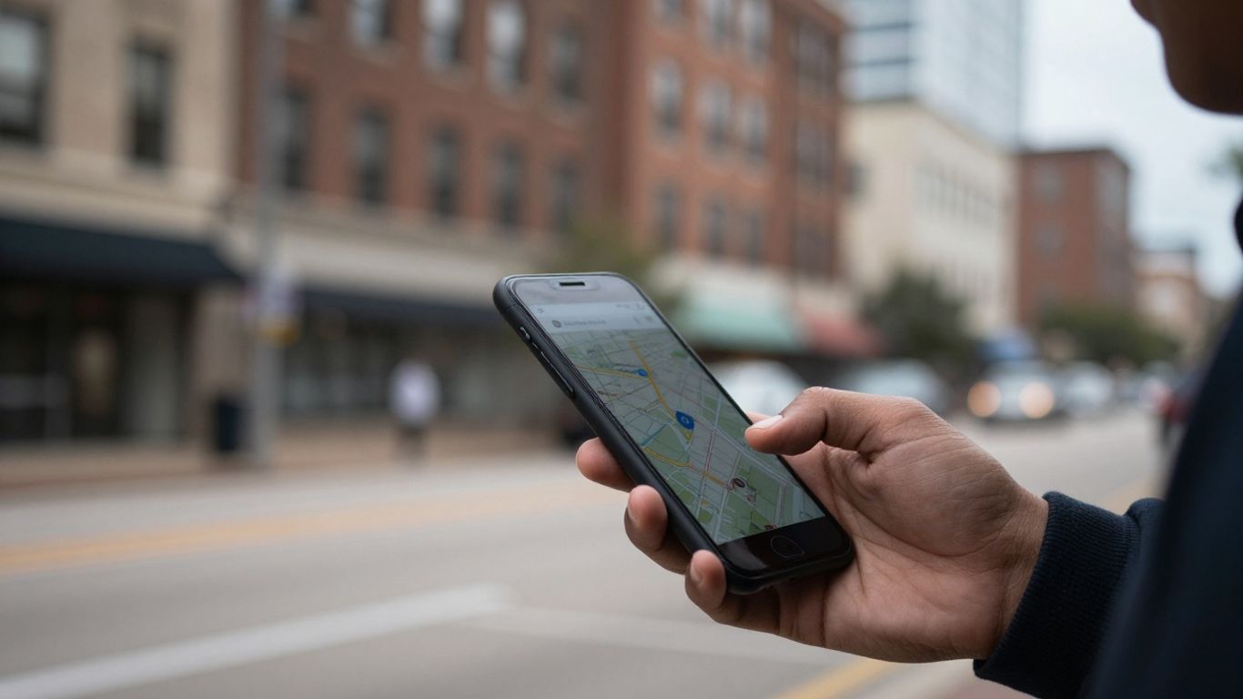 Fort Worth street with person searching on smartphone.