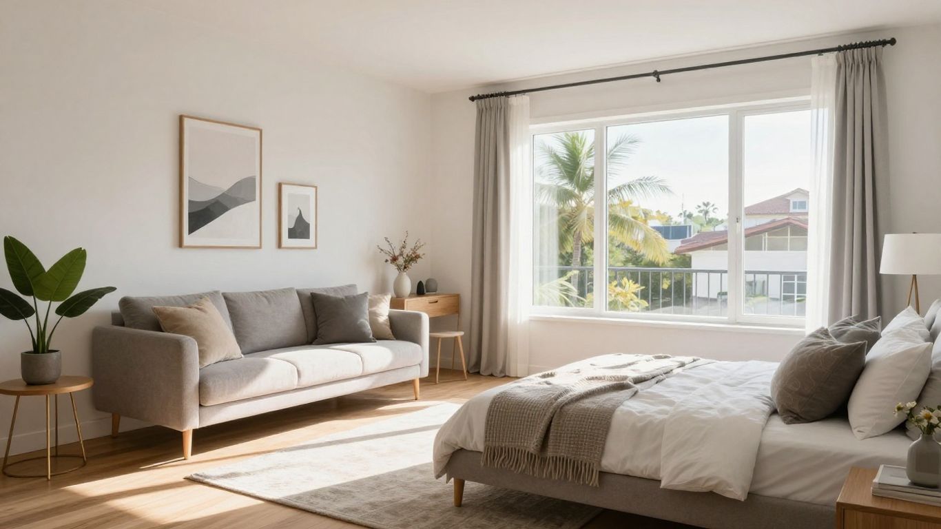 Stilvolles Wohnzimmer einer Ferienwohnung mit viel Licht.