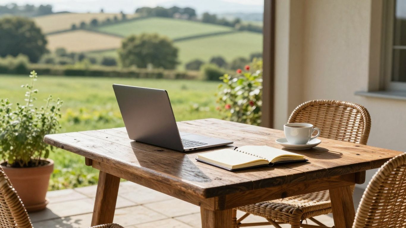 Quiet cottage terrace with laptop and morning light