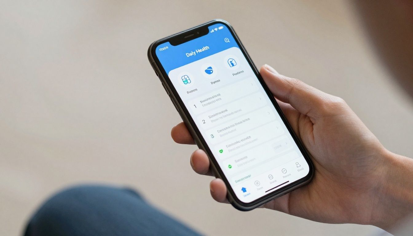 A focused individual using a smartphone app to track their daily health protocol, with icons for supplements and energy levels overlaid.
