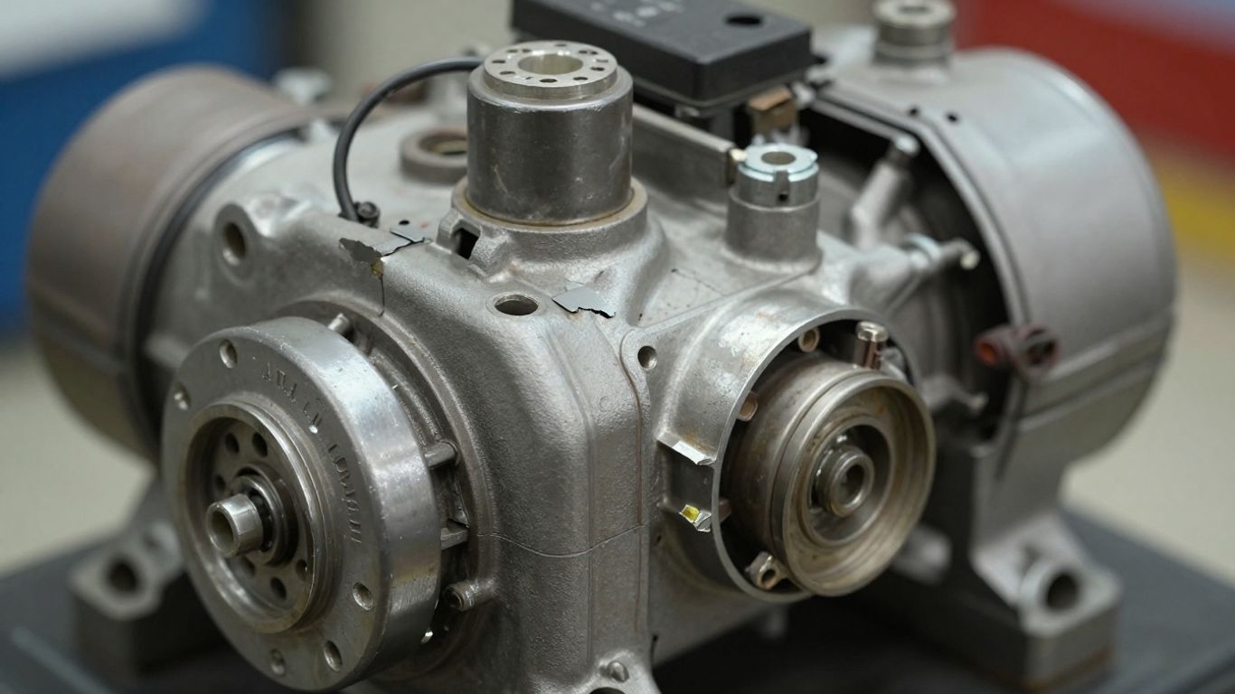 Damaged AC compressor unit with visible wear and tear.