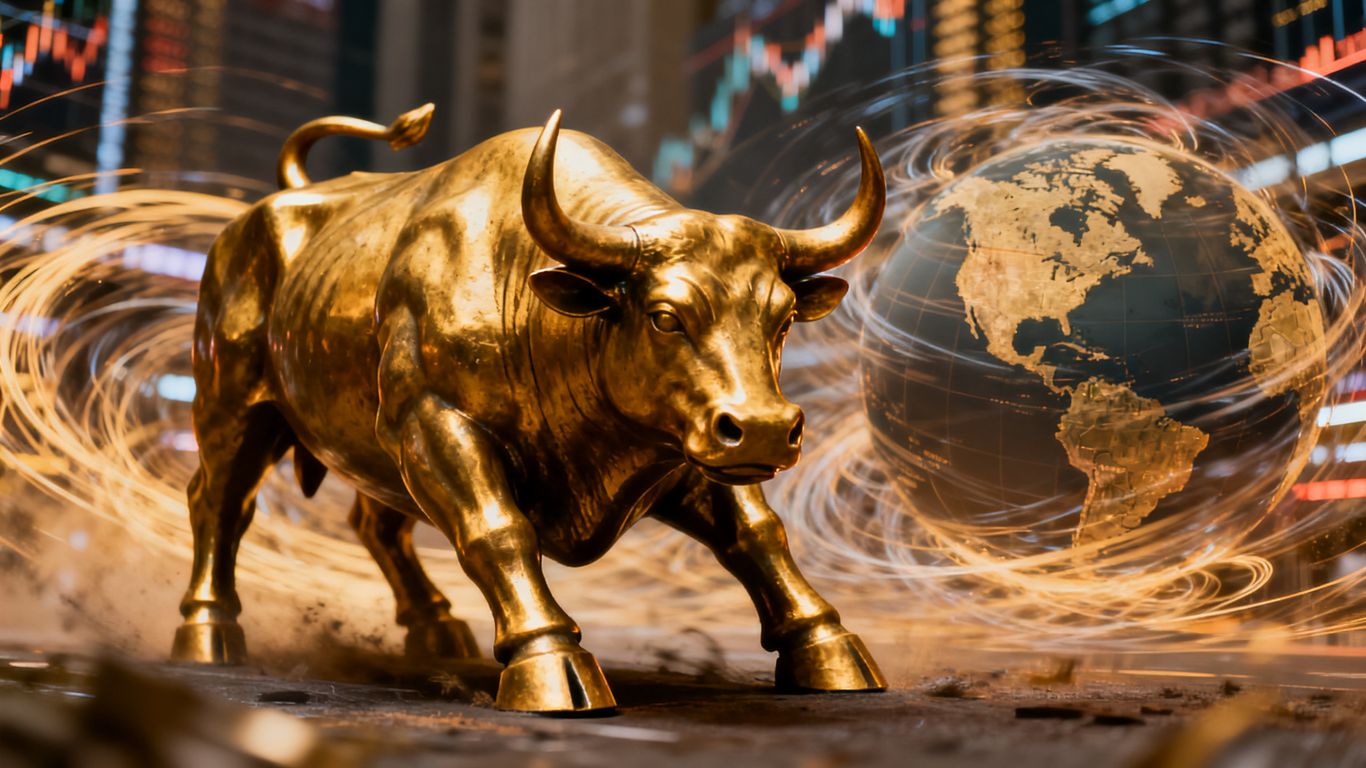 Bull statue against a backdrop of economic uncertainty.