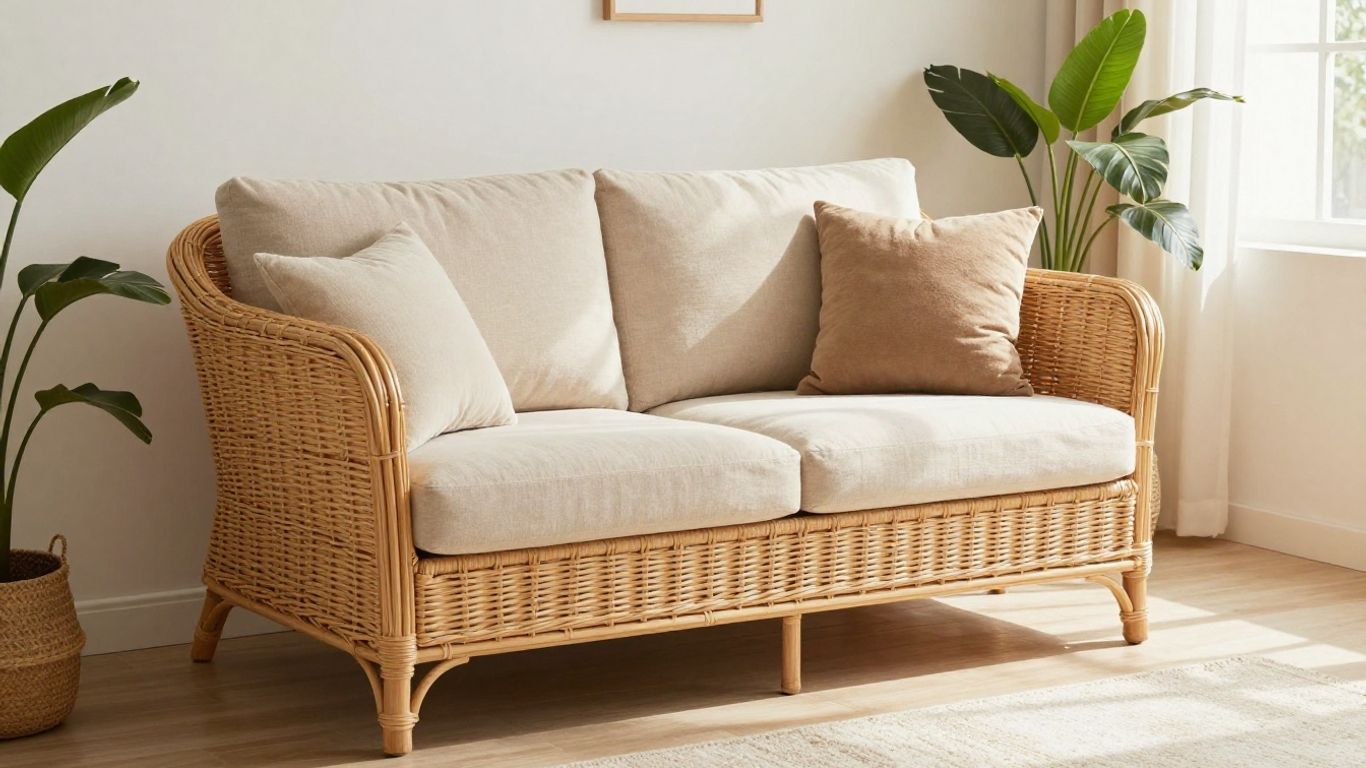 Rattan furniture in a bright, cozy living room setting.