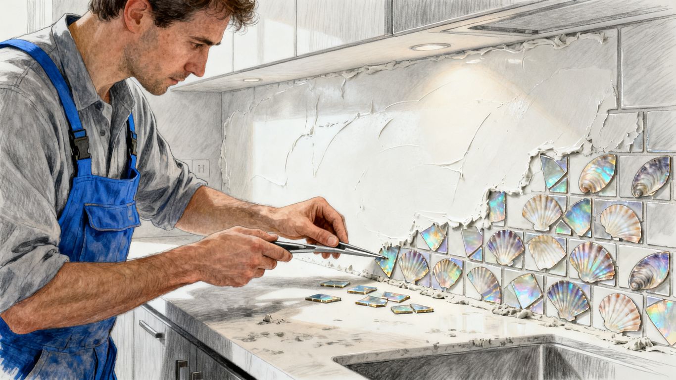 Technician carefully installing mosaic shell sheets