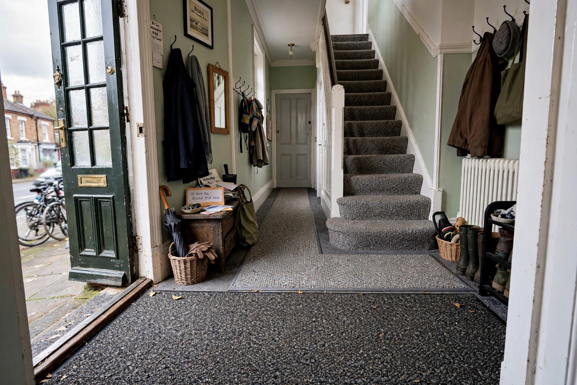 A practical Bristol hallway with a flecked carpet runner, stair carpet and a full-width barrier mat at the entrance