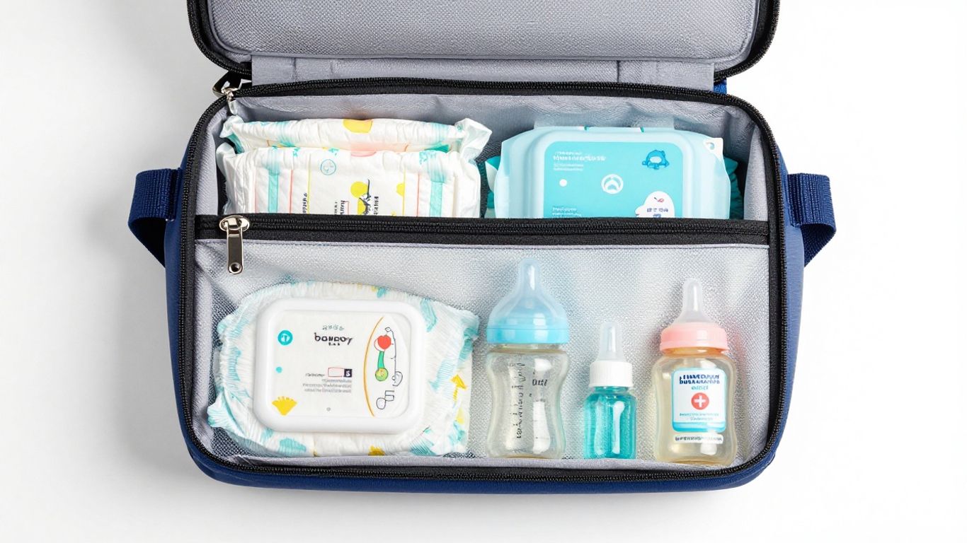Diaper bag with health and safety essentials for baby.