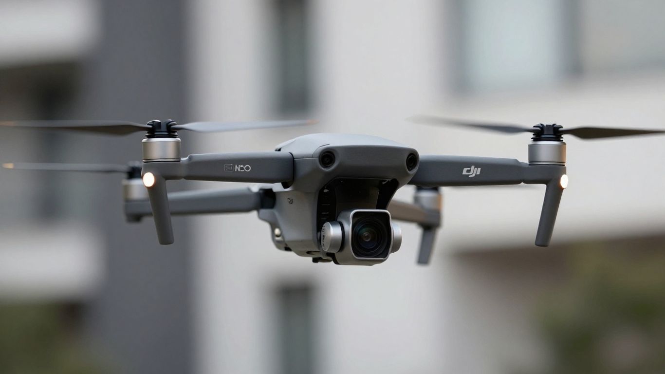 DJI Neo 2 drone in flight, urban background.