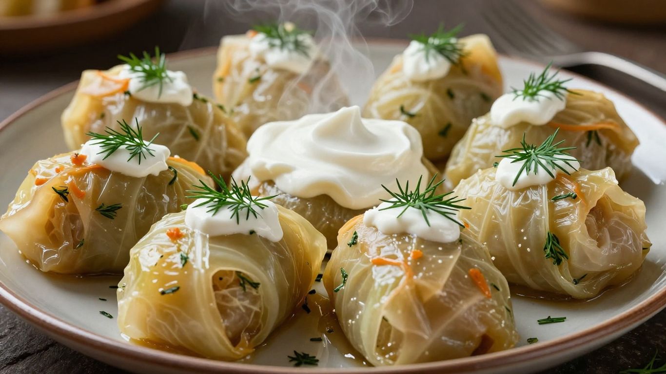 Delicious stuffed cabbage rolls with sour cream and dill.