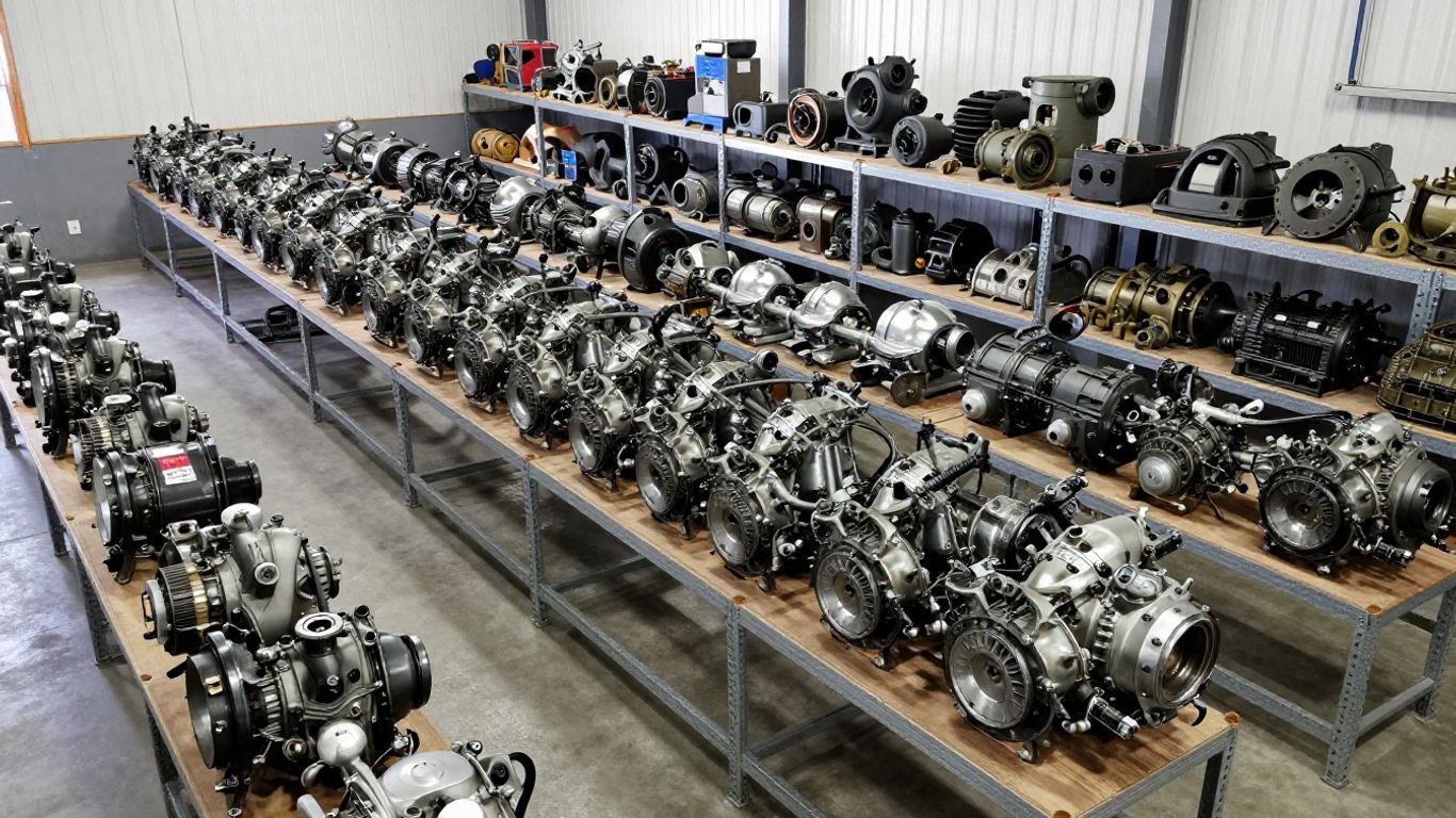 Salvage yard rows with organized engine parts