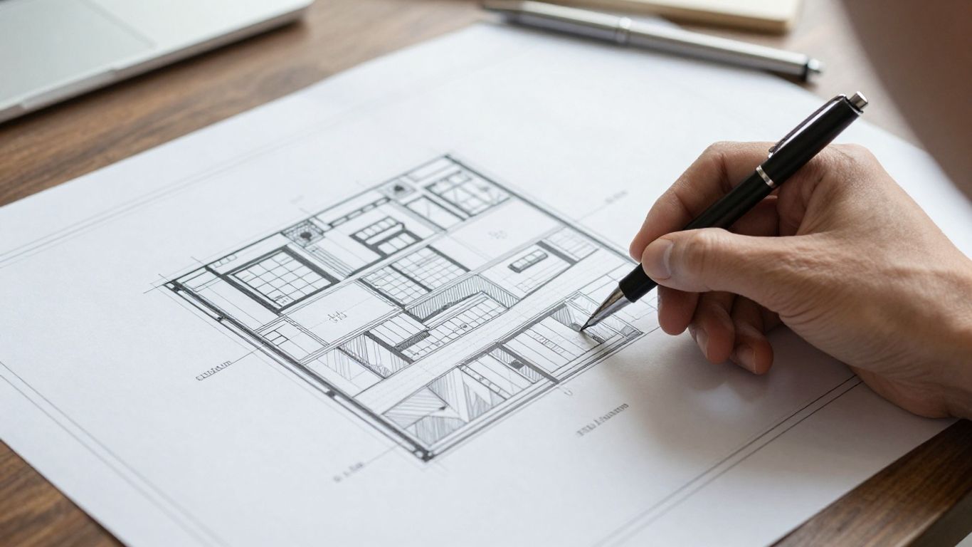 Architectural blueprint and pen for building plan submission.