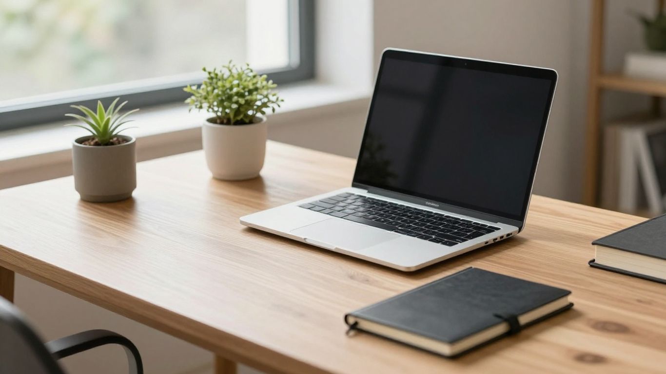 A clean minimalist desk with professional laptop workspace