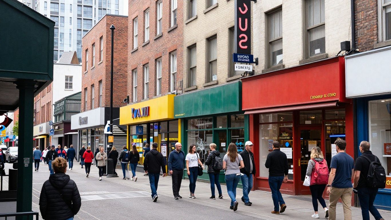 City street with storefronts and people.