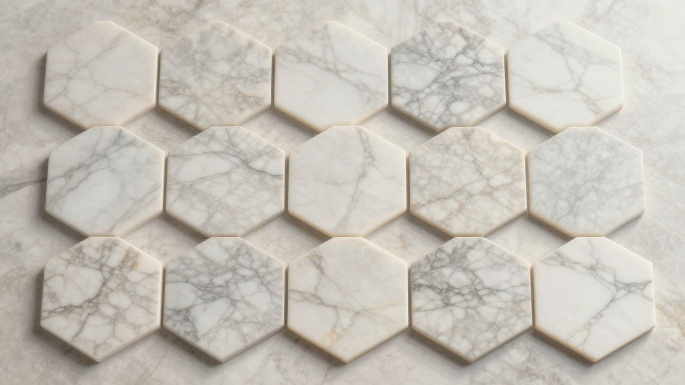 Hexagon marble tiles in a geometric pattern.